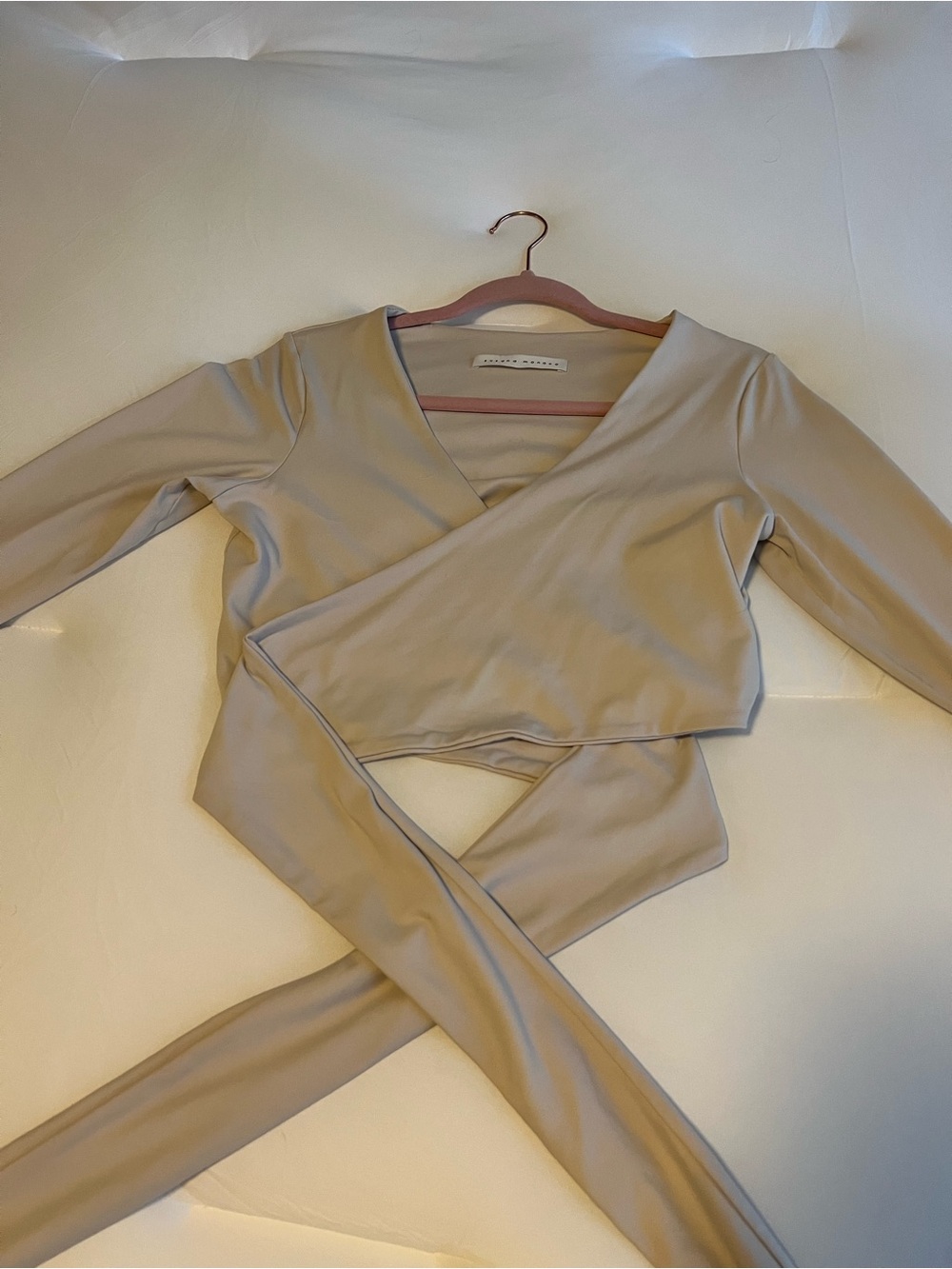Susana Monaco Beige/Almond Wrap-Style Long Sleeve Crop Top